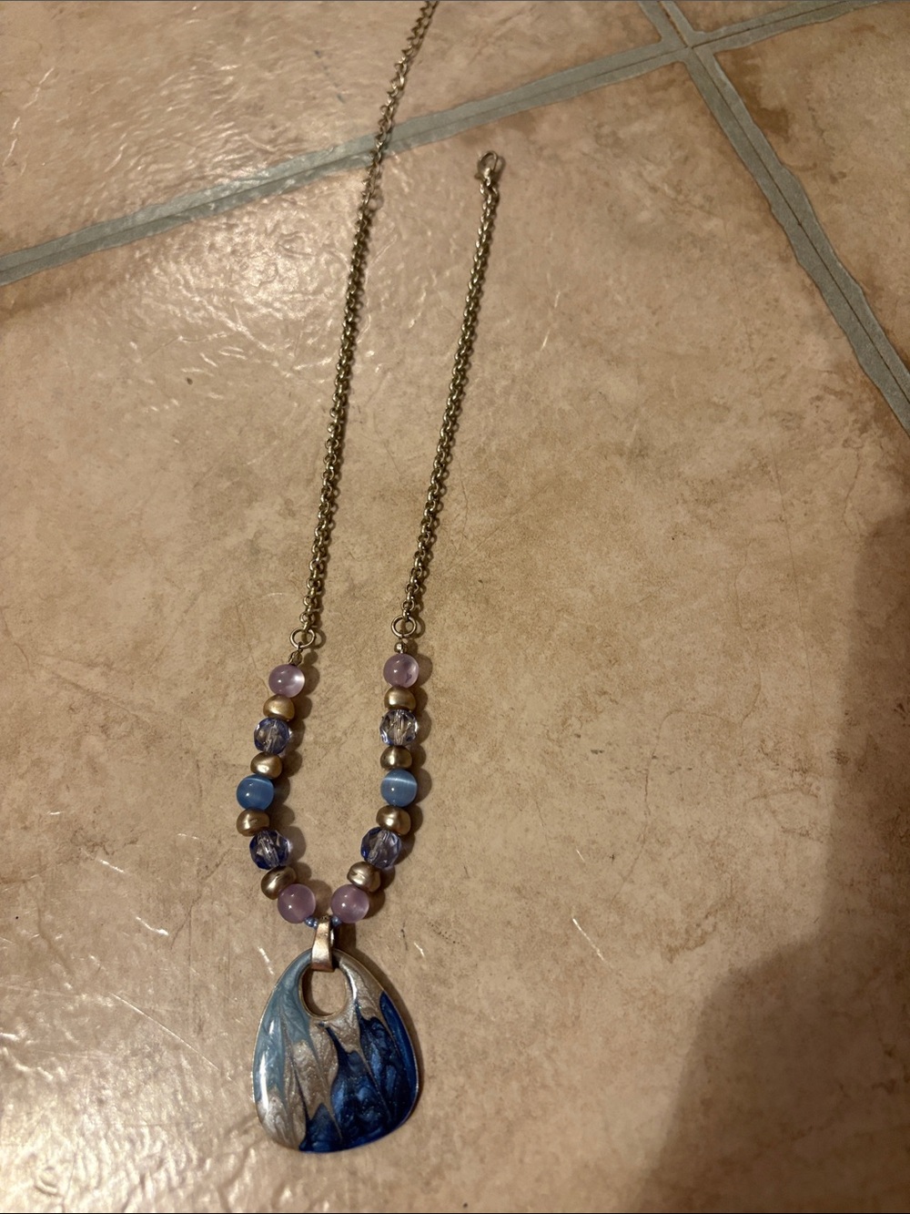Handcrafted Blue Pendant Necklace with Lavender and Gold Beads